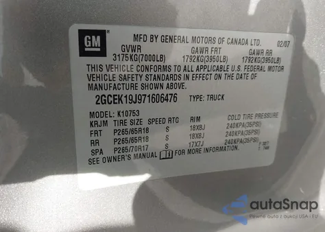 2007 Chevrolet Silverado 1500 Lt2 из США, поврежденный, VIN 2GCEK19J971606476